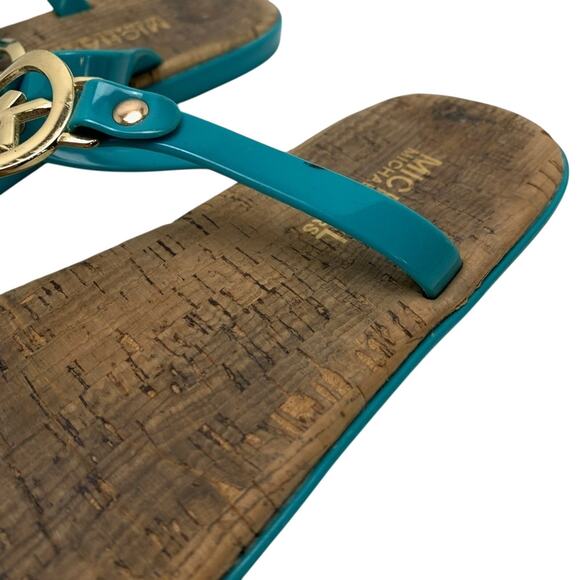 Michael Kors Teal Blue Gold Logo Thongs Sandals Flip Flops Shoes Flats sz 6 - Picture 10 of 16